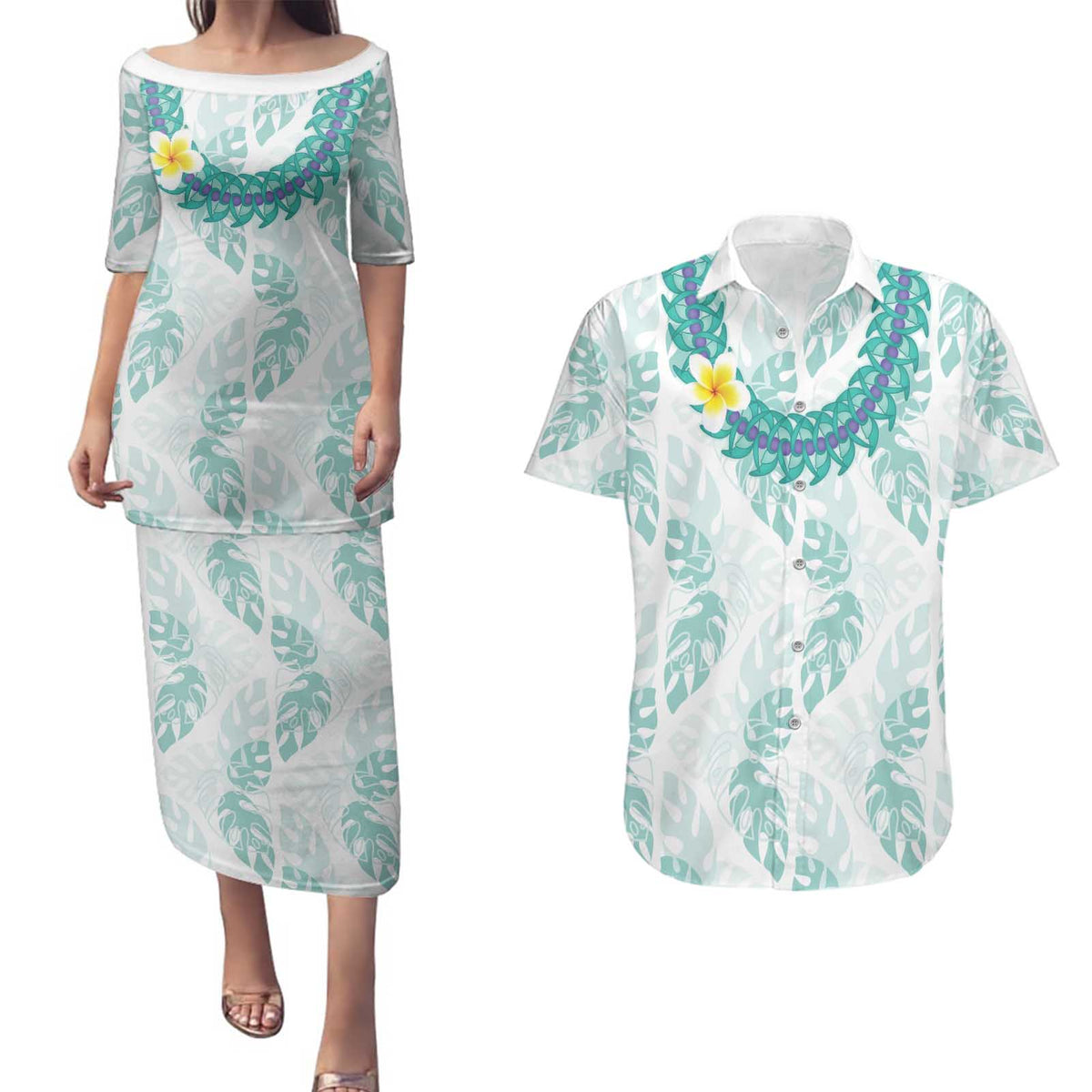 Jade Vine Lei Hawaii Couples Matching Puletasi and Hawaiian Shirt Aloha Seamless Tropical Leaves - Polynesian Pride