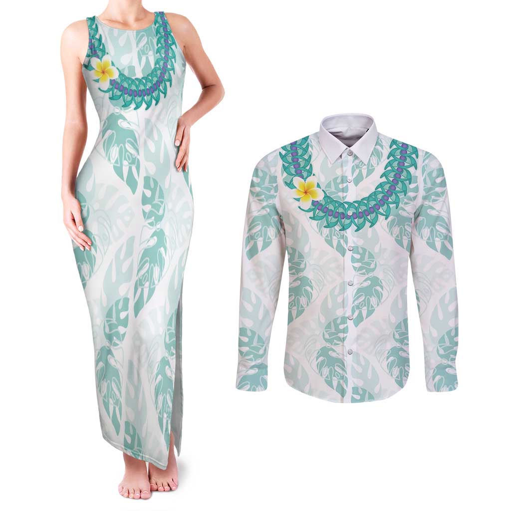 Jade Vine Lei Hawaii Couples Matching Tank Maxi Dress and Long Sleeve Button Shirt Aloha Seamless Tropical Leaves - Polynesian Pride