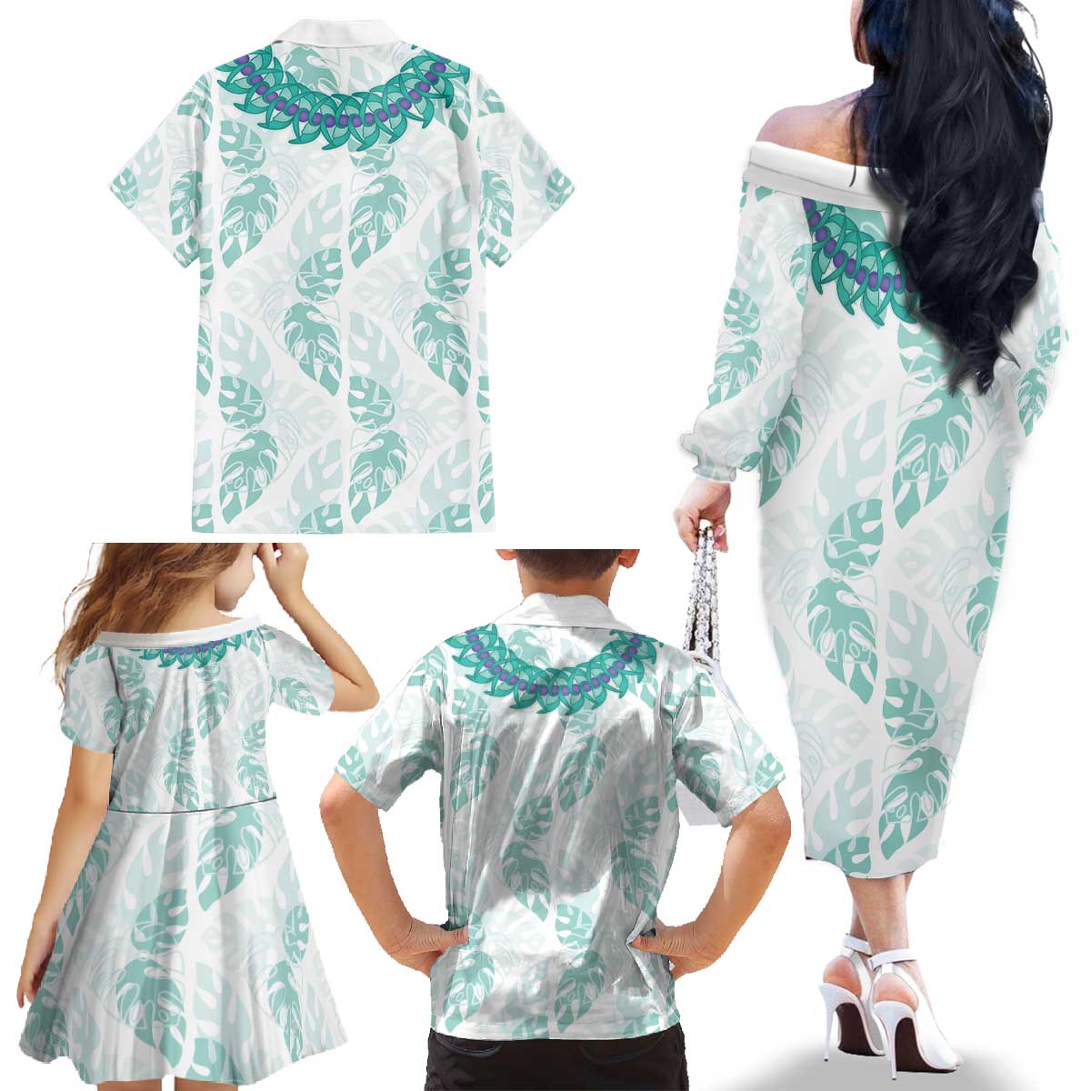 Jade Vine Lei Hawaii Family Matching Off The Shoulder Long Sleeve Dress and Hawaiian Shirt Aloha Seamless Tropical Leaves - Polynesian Pride