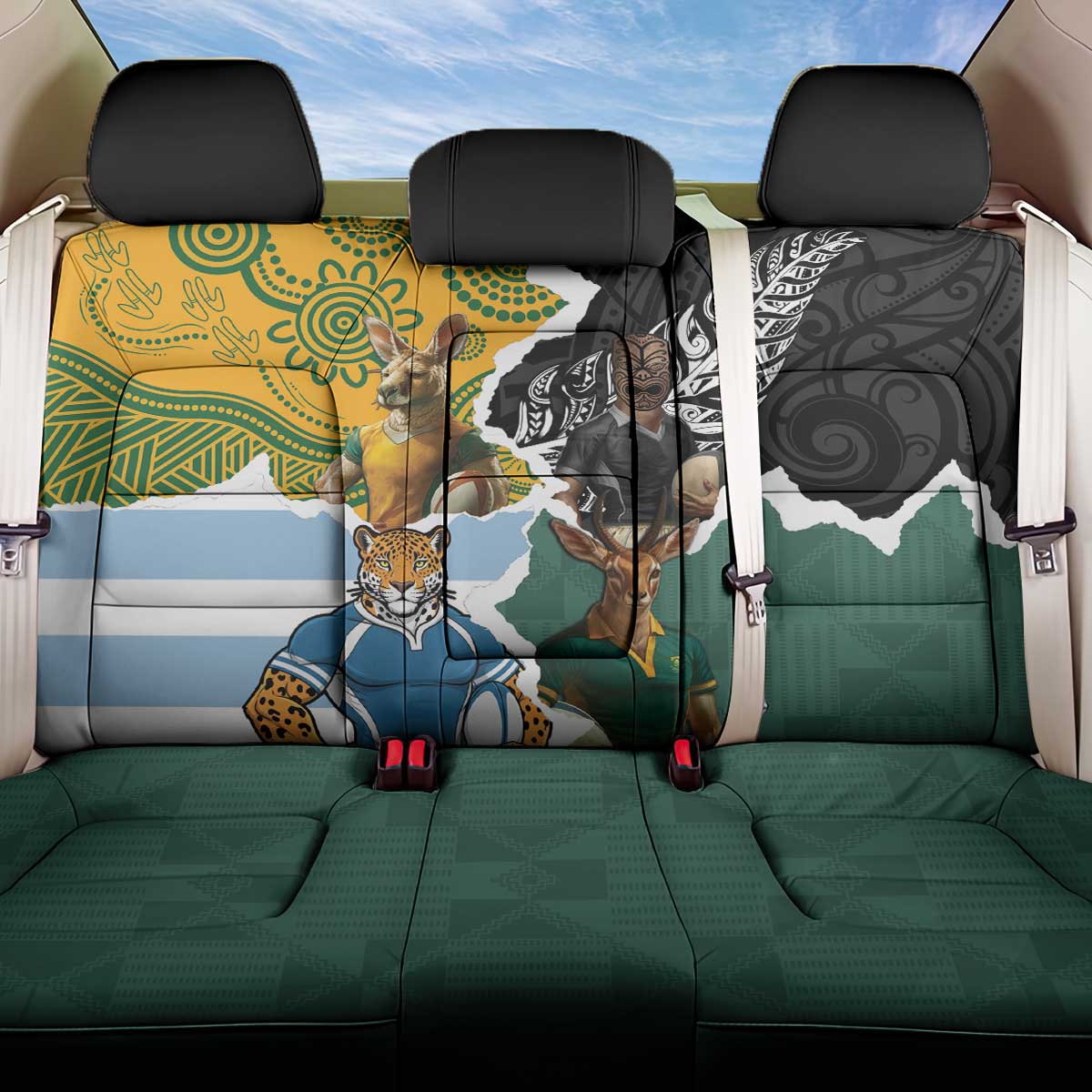 Rugby 2025 Championship Back Car Seat Cover Southern Hemisphere Countries Mascots - Polynesian Pride
