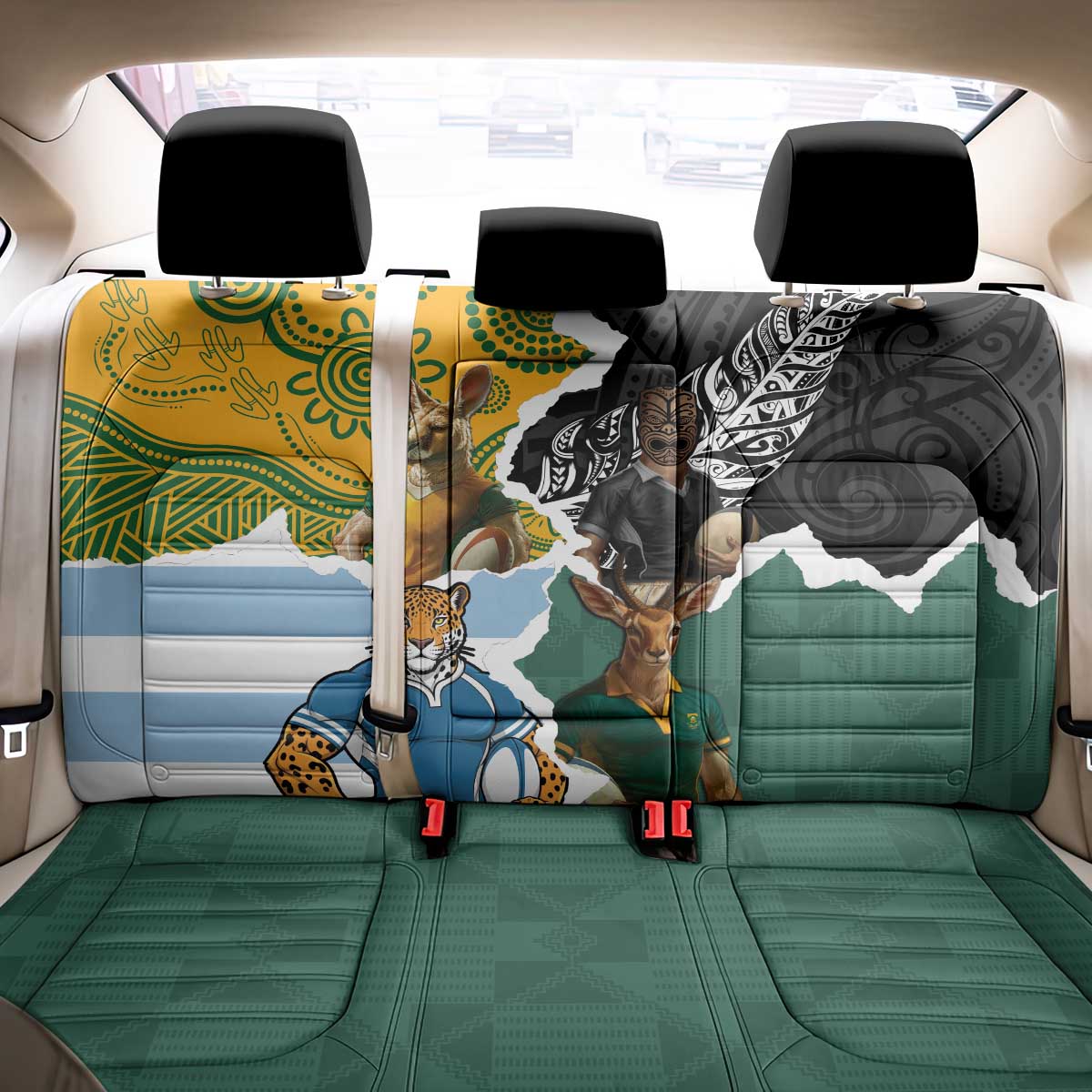 Rugby 2025 Championship Back Car Seat Cover Southern Hemisphere Countries Mascots - Polynesian Pride
