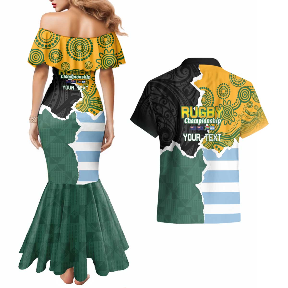 Personalised Rugby 2025 Championship Couples Matching Mermaid Dress and Hawaiian Shirt Southern Hemisphere Countries Mascots - Polynesian Pride