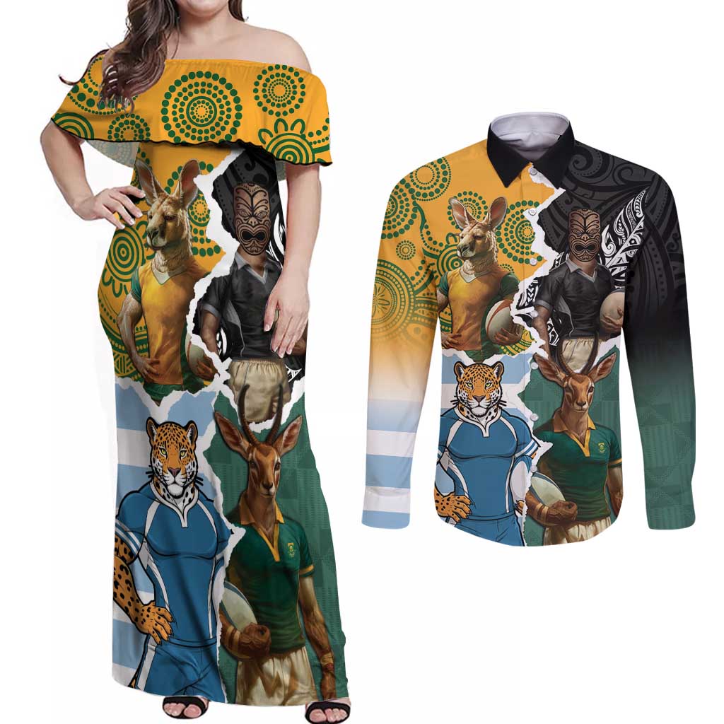 Personalised Rugby 2025 Championship Couples Matching Off Shoulder Maxi Dress and Long Sleeve Button Shirt Southern Hemisphere Countries Mascots - Polynesian Pride