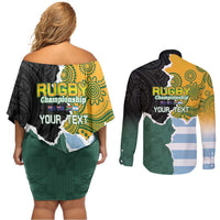 Personalised Rugby 2025 Championship Couples Matching Off Shoulder Short Dress and Long Sleeve Button Shirt Southern Hemisphere Countries Mascots - Polynesian Pride
