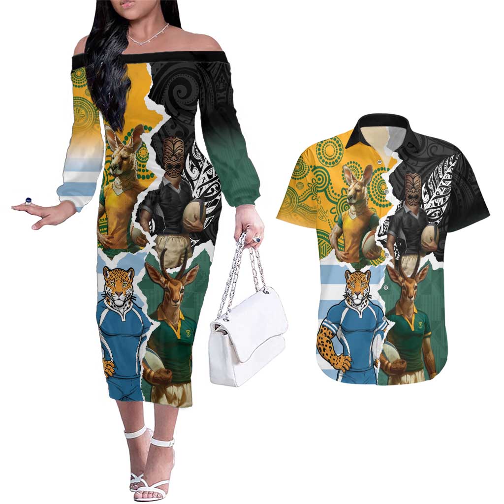 Personalised Rugby 2025 Championship Couples Matching Off The Shoulder Long Sleeve Dress and Hawaiian Shirt Southern Hemisphere Countries Mascots - Polynesian Pride
