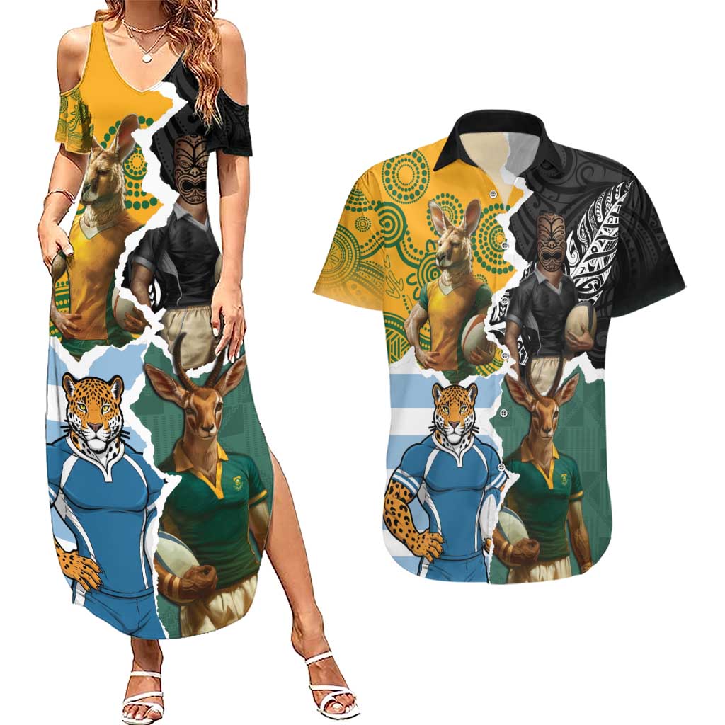 Personalised Rugby 2025 Championship Couples Matching Summer Maxi Dress and Hawaiian Shirt Southern Hemisphere Countries Mascots - Polynesian Pride