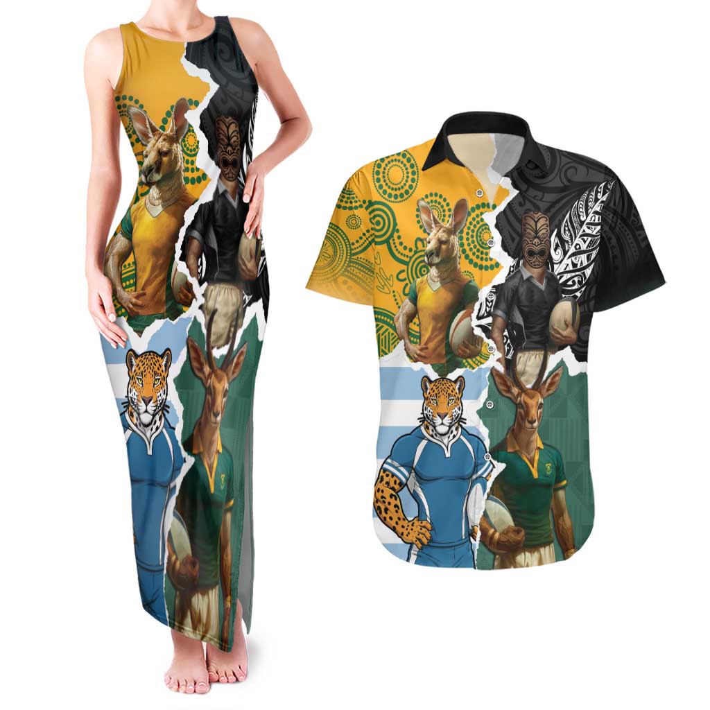 Personalised Rugby 2025 Championship Couples Matching Tank Maxi Dress and Hawaiian Shirt Southern Hemisphere Countries Mascots - Polynesian Pride