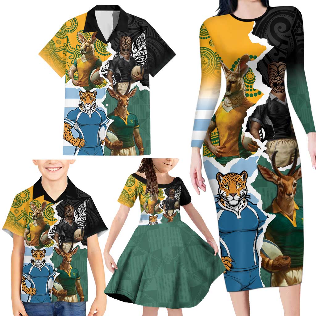 Personalised Rugby 2025 Championship Family Matching Long Sleeve Bodycon Dress and Hawaiian Shirt Southern Hemisphere Countries Mascots - Polynesian Pride