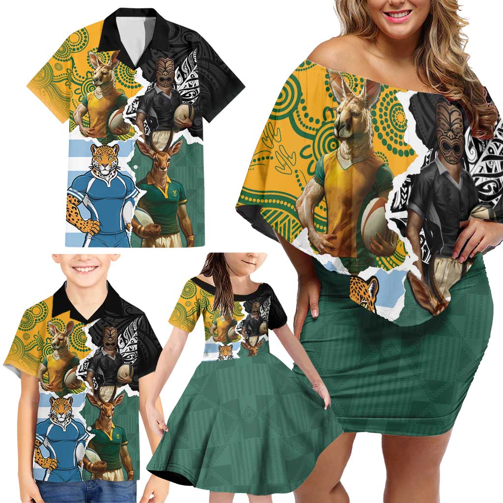 Personalised Rugby 2025 Championship Family Matching Off Shoulder Short Dress and Hawaiian Shirt Southern Hemisphere Countries Mascots - Polynesian Pride