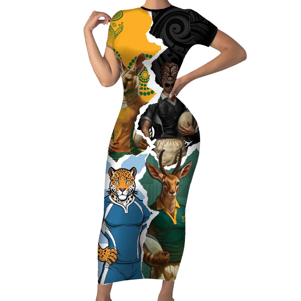 Personalised Rugby 2025 Championship Family Matching Short Sleeve Bodycon Dress and Hawaiian Shirt Southern Hemisphere Countries Mascots - Polynesian Pride