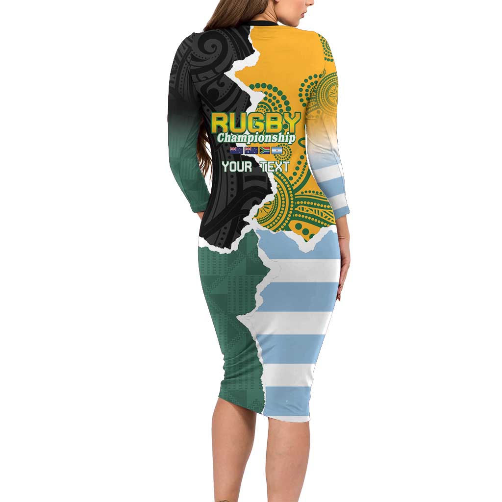 Personalised Rugby 2025 Championship Long Sleeve Bodycon Dress Southern Hemisphere Countries Mascots - Polynesian Pride