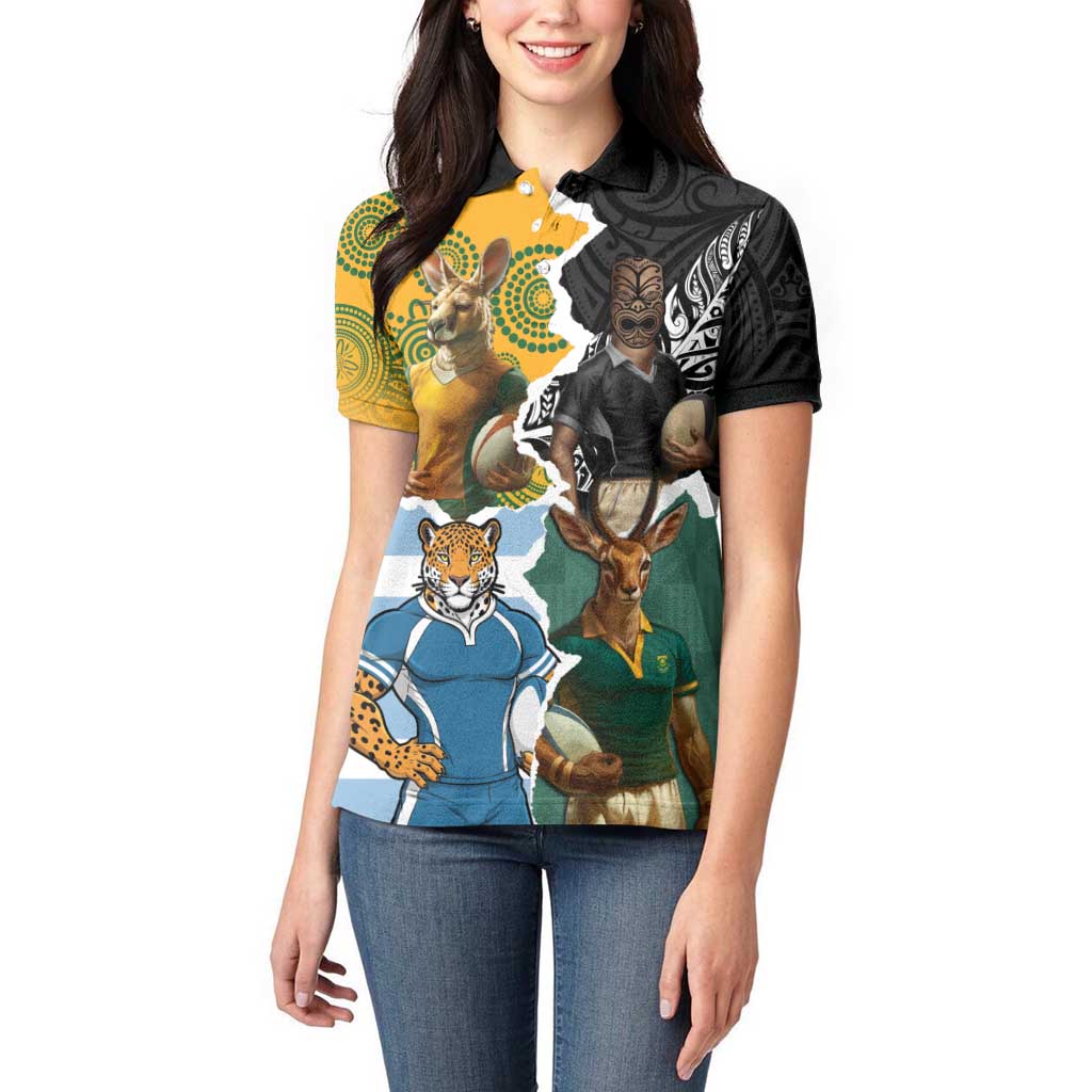 Personalised Rugby 2025 Championship Women Polo Shirt Southern Hemisphere Countries Mascots - Polynesian Pride