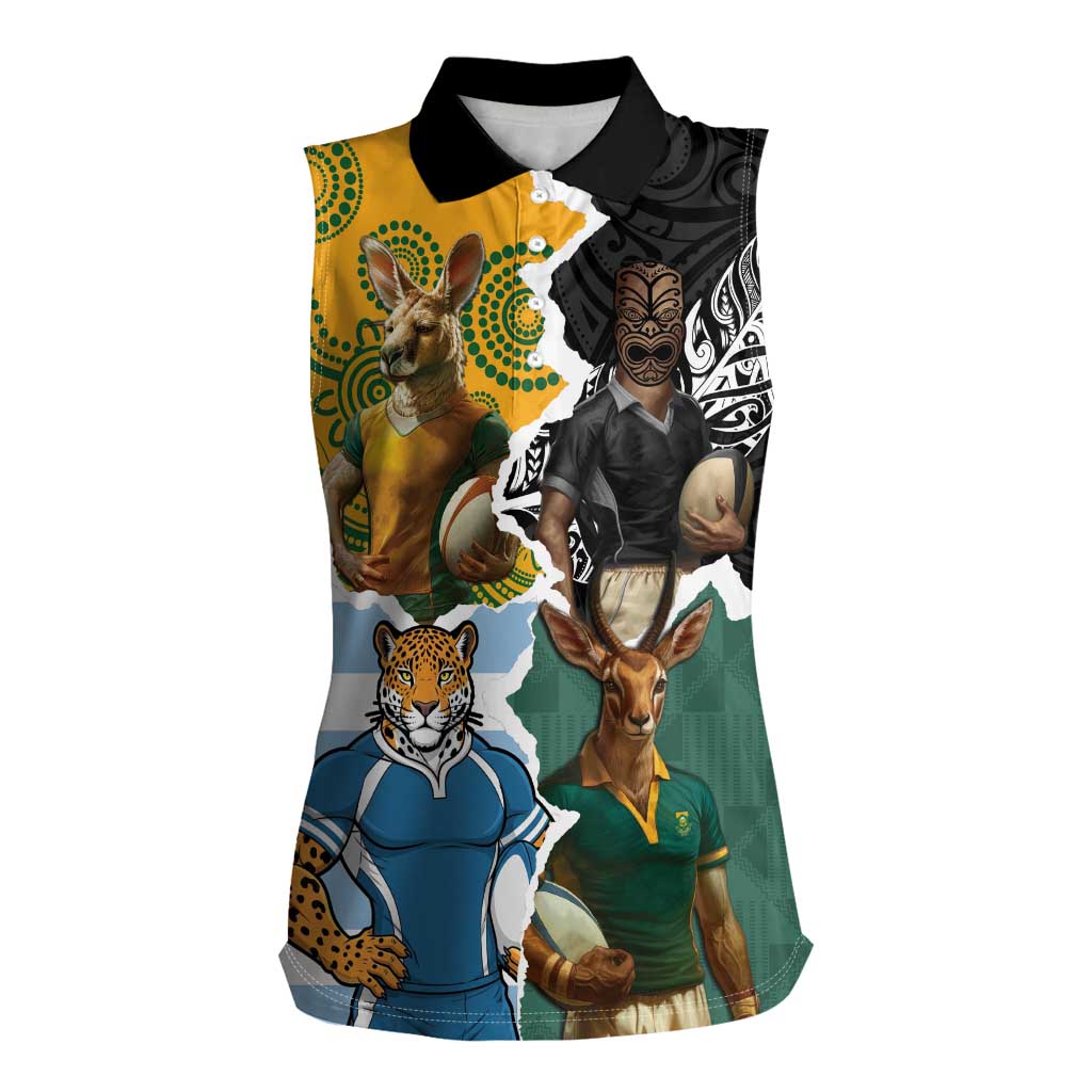 Personalised Rugby 2025 Championship Women Sleeveless Polo Shirt Southern Hemisphere Countries Mascots - Polynesian Pride