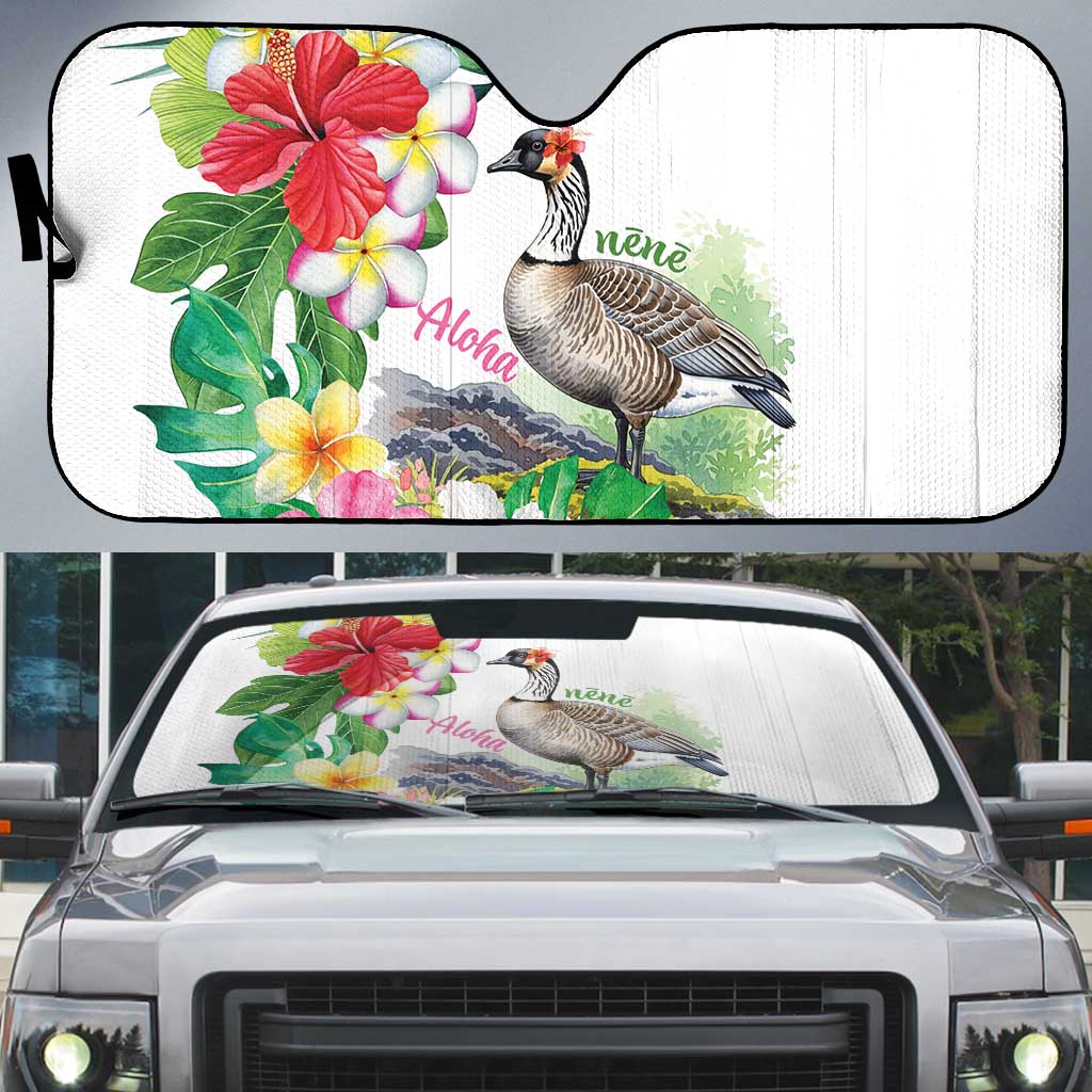 Aloha Hawaii Nene Goose Auto Sun Shade Tropical Flowers Watercolor Stylized - Polynesian Pride