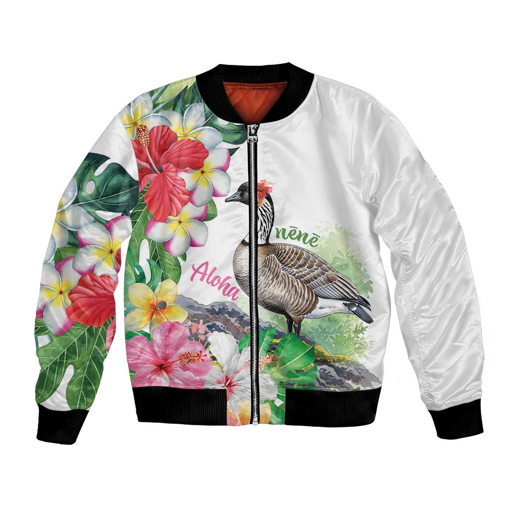 Aloha Hawaii Nene Goose Bomber Jacket Tropical Flowers Watercolor Stylized - Polynesian Pride