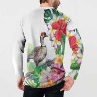 Aloha Hawaii Nene Goose Button Sweatshirt Tropical Flowers Watercolor Stylized - Polynesian Pride