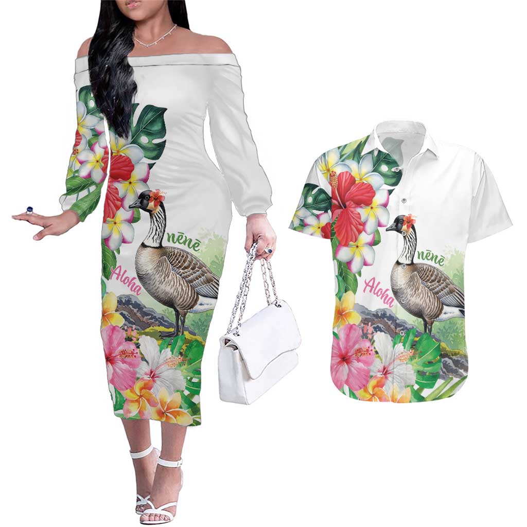 Aloha Hawaii Nene Goose Couples Matching Off The Shoulder Long Sleeve Dress and Hawaiian Shirt Tropical Flowers Watercolor Stylized - Polynesian Pride