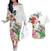 Aloha Hawaii Nene Goose Couples Matching Off The Shoulder Long Sleeve Dress and Hawaiian Shirt Tropical Flowers Watercolor Stylized - Polynesian Pride
