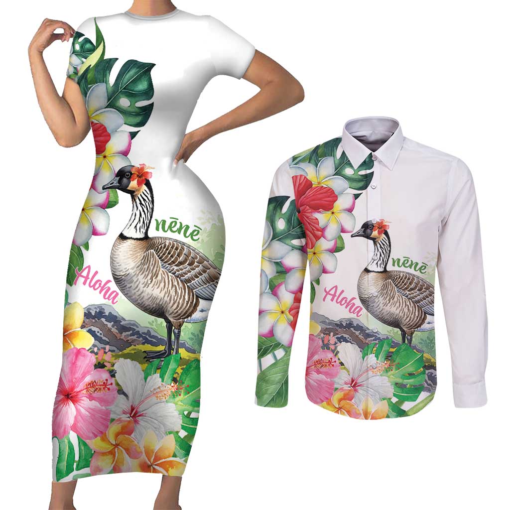 Aloha Hawaii Nene Goose Couples Matching Short Sleeve Bodycon Dress and Long Sleeve Button Shirt Tropical Flowers Watercolor Stylized - Polynesian Pride