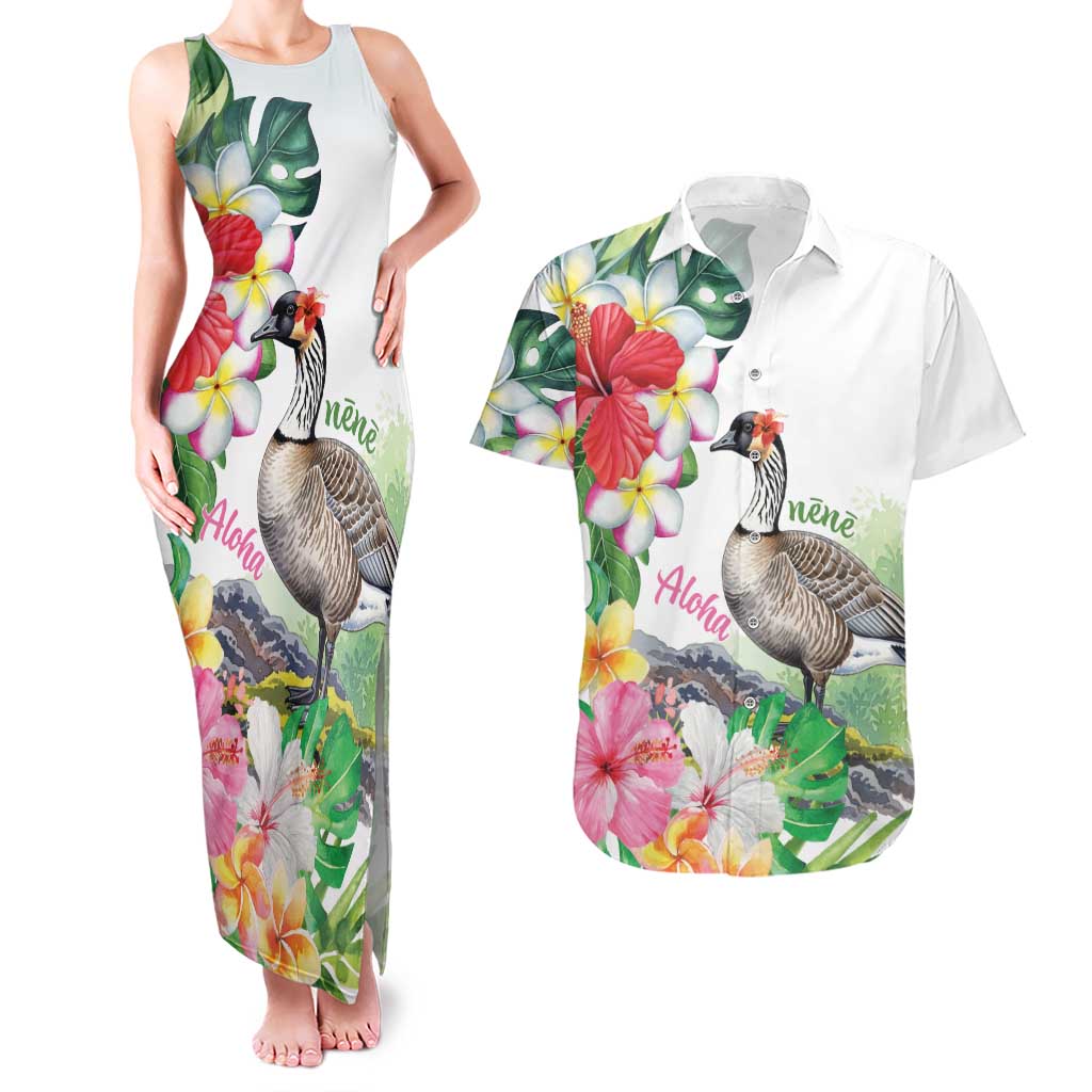 Aloha Hawaii Nene Goose Couples Matching Tank Maxi Dress and Hawaiian Shirt Tropical Flowers Watercolor Stylized - Polynesian Pride