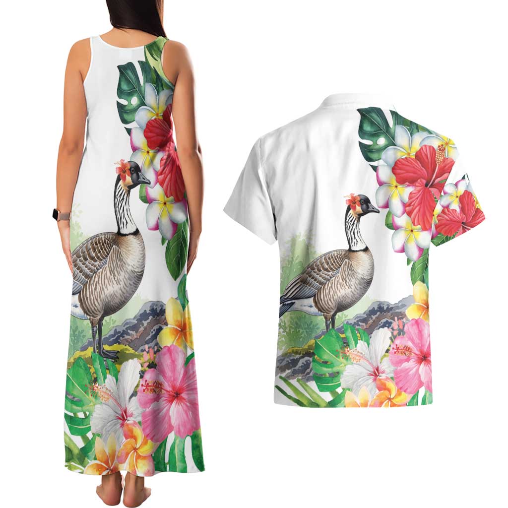 Aloha Hawaii Nene Goose Couples Matching Tank Maxi Dress and Hawaiian Shirt Tropical Flowers Watercolor Stylized - Polynesian Pride