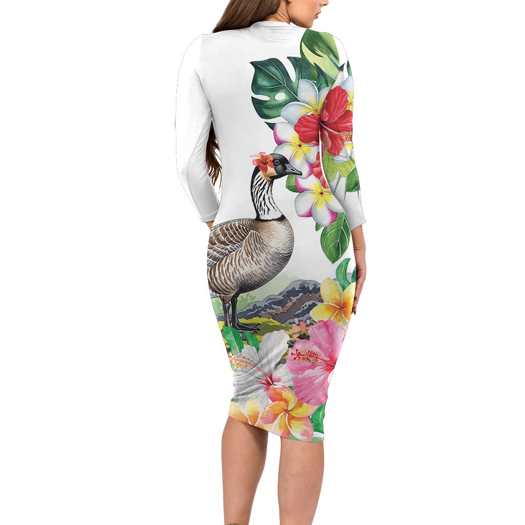 Aloha Hawaii Nene Goose Family Matching Long Sleeve Bodycon Dress and Hawaiian Shirt Tropical Flowers Watercolor Stylized - Polynesian Pride