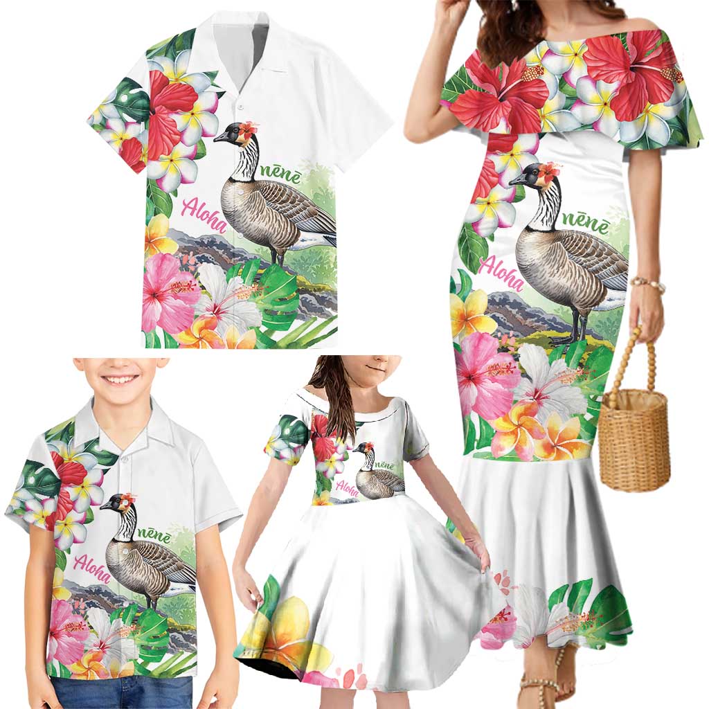 Aloha Hawaii Nene Goose Family Matching Mermaid Dress and Hawaiian Shirt Tropical Flowers Watercolor Stylized - Polynesian Pride
