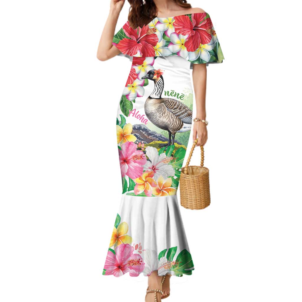 Aloha Hawaii Nene Goose Family Matching Mermaid Dress and Hawaiian Shirt Tropical Flowers Watercolor Stylized - Polynesian Pride