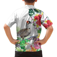 Aloha Hawaii Nene Goose Family Matching Off The Shoulder Long Sleeve Dress and Hawaiian Shirt Tropical Flowers Watercolor Stylized - Polynesian Pride