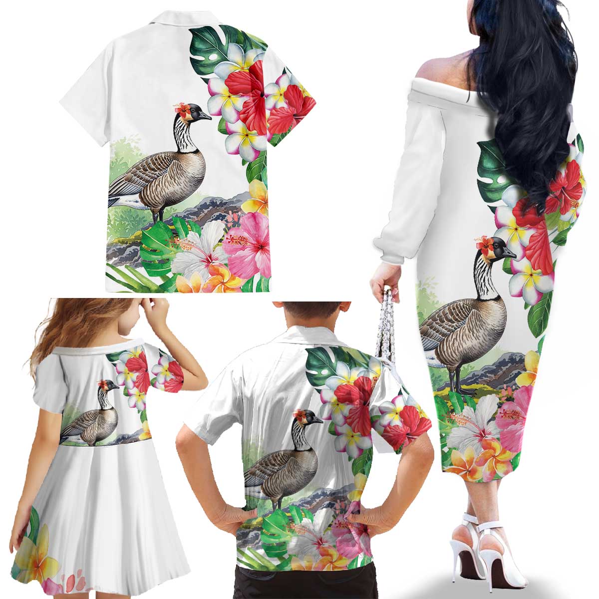 Aloha Hawaii Nene Goose Family Matching Off The Shoulder Long Sleeve Dress and Hawaiian Shirt Tropical Flowers Watercolor Stylized - Polynesian Pride