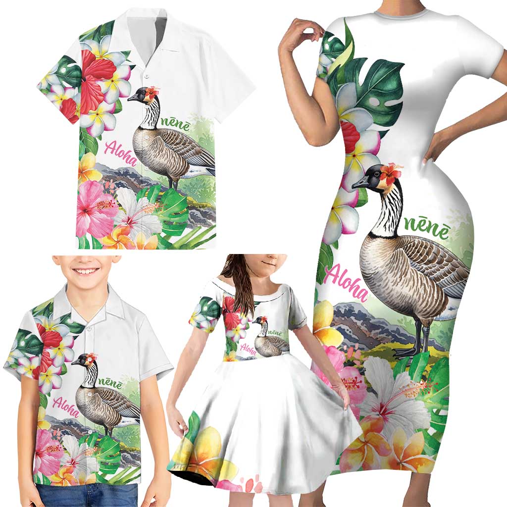 Aloha Hawaii Nene Goose Family Matching Short Sleeve Bodycon Dress and Hawaiian Shirt Tropical Flowers Watercolor Stylized - Polynesian Pride