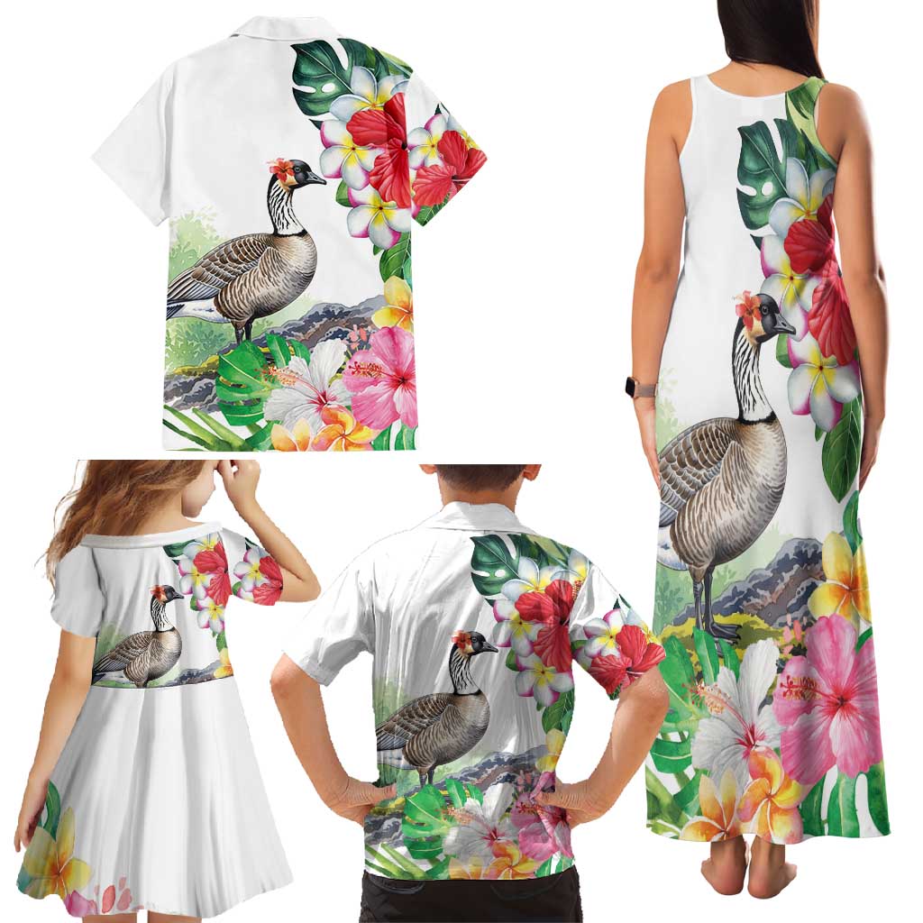 Aloha Hawaii Nene Goose Family Matching Tank Maxi Dress and Hawaiian Shirt Tropical Flowers Watercolor Stylized - Polynesian Pride