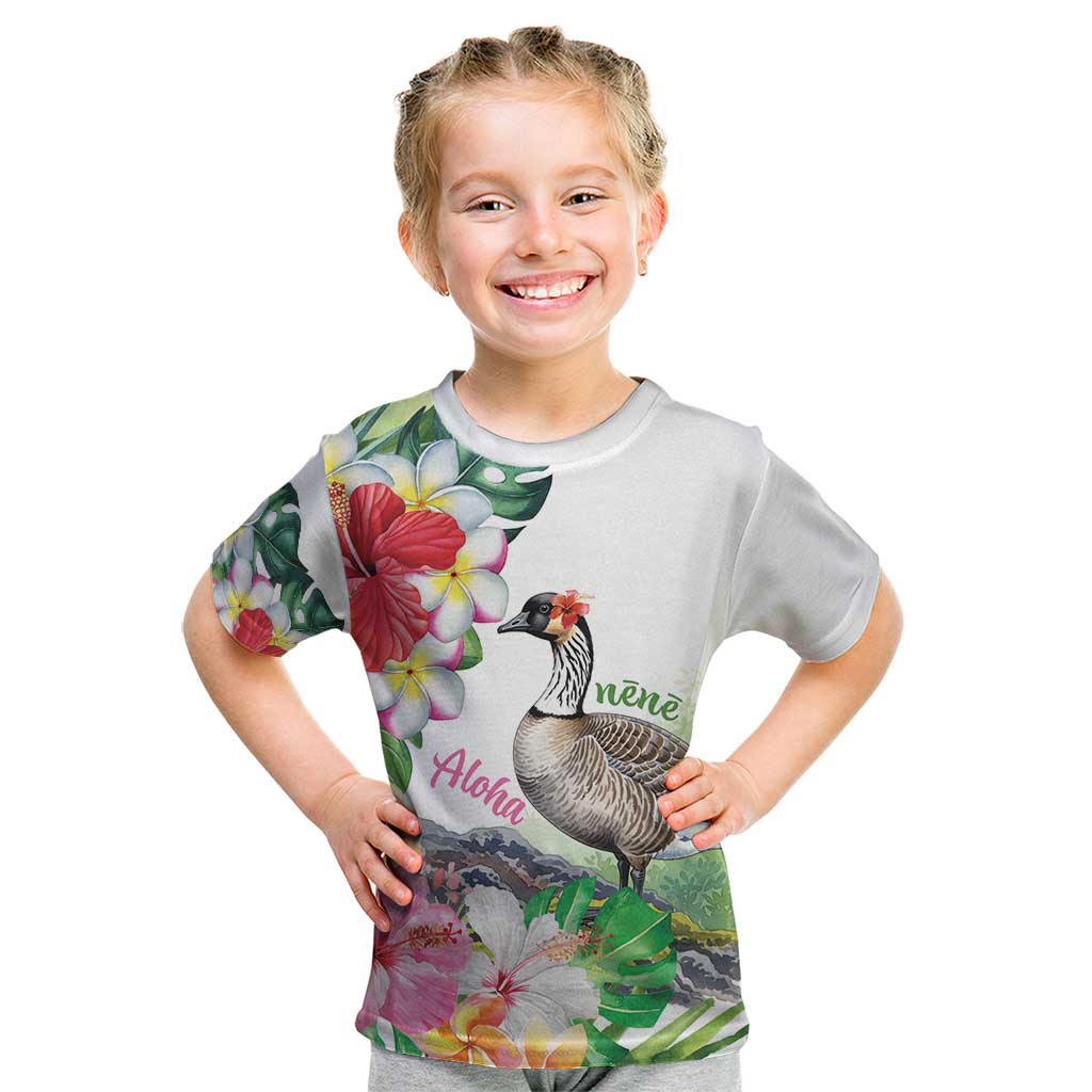 Aloha Hawaii Nene Goose Kid T Shirt Tropical Flowers Watercolor Stylized - Polynesian Pride