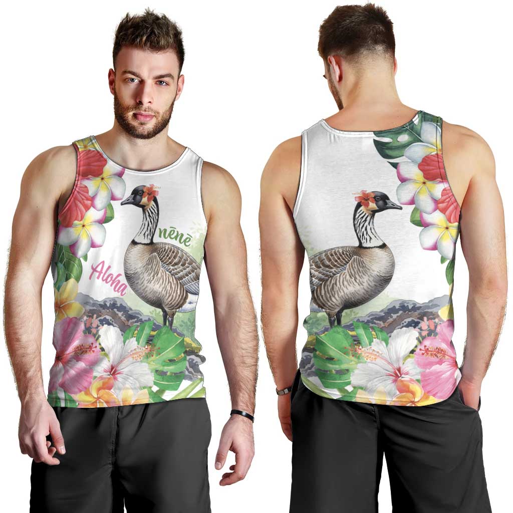 Aloha Hawaii Nene Goose Men Tank Top Tropical Flowers Watercolor Stylized - Polynesian Pride