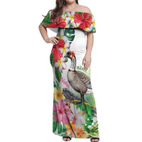 Aloha Hawaii Nene Goose Off Shoulder Maxi Dress Tropical Flowers Watercolor Stylized LT14 Women White - Polynesian Pride