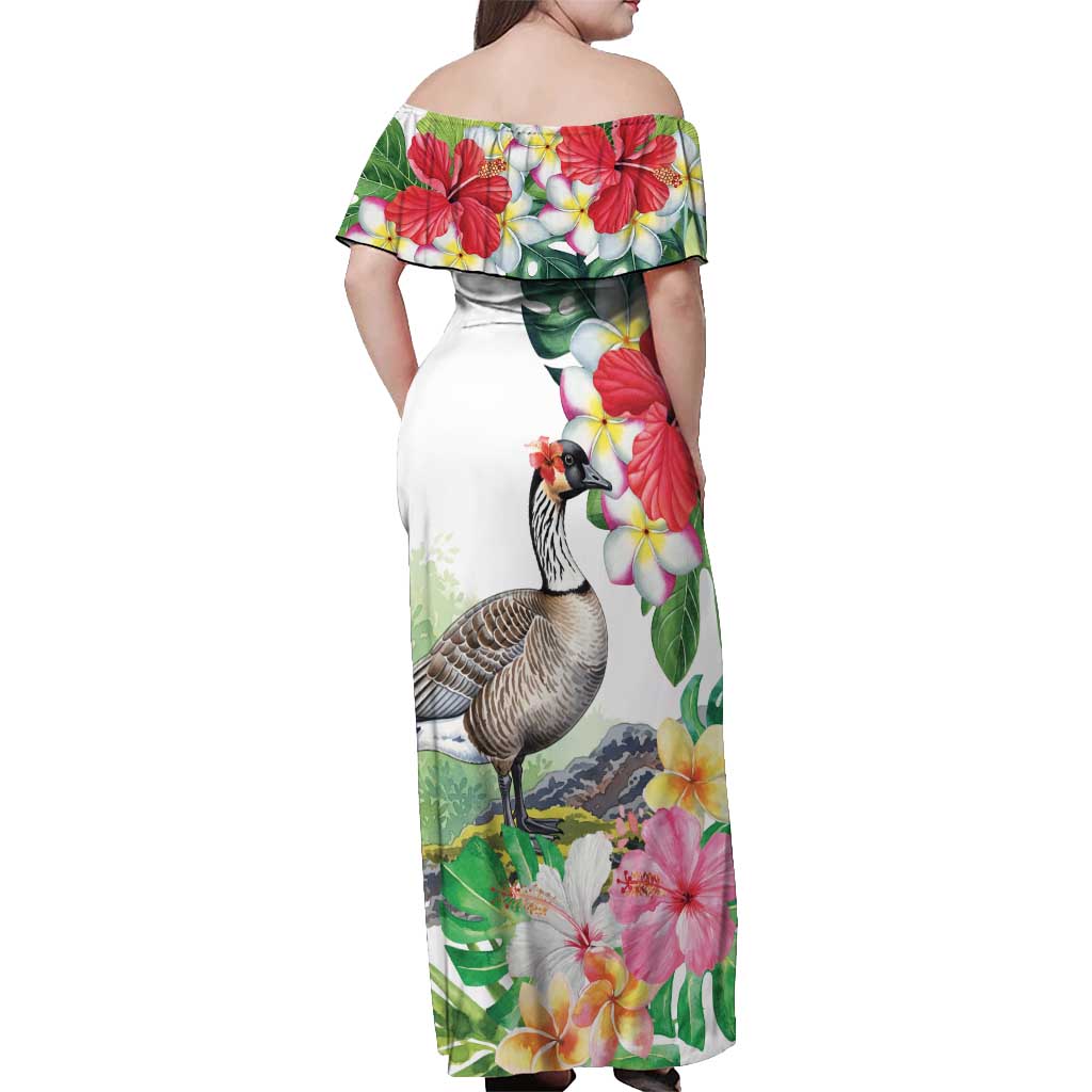 Aloha Hawaii Nene Goose Off Shoulder Maxi Dress Tropical Flowers Watercolor Stylized LT14 - Polynesian Pride