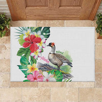 Aloha Hawaii Nene Goose Rubber Doormat Tropical Flowers Watercolor Stylized LT14 White - Polynesian Pride