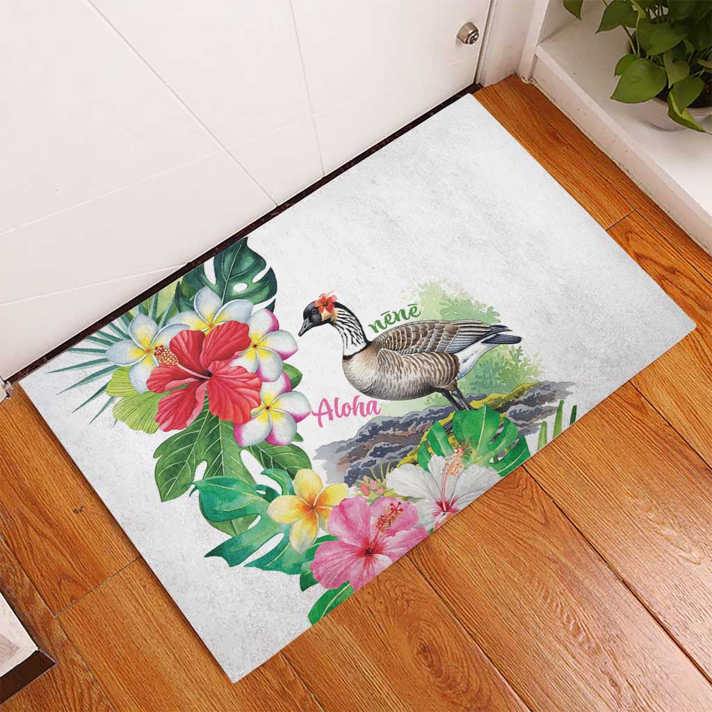 Aloha Hawaii Nene Goose Rubber Doormat Tropical Flowers Watercolor Stylized LT14 - Polynesian Pride