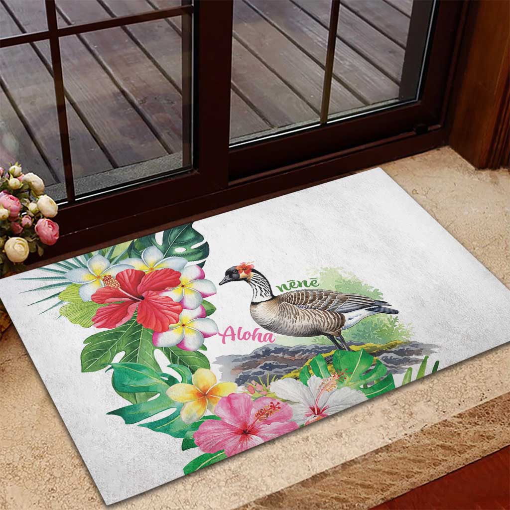 Aloha Hawaii Nene Goose Rubber Doormat Tropical Flowers Watercolor Stylized LT14 - Polynesian Pride