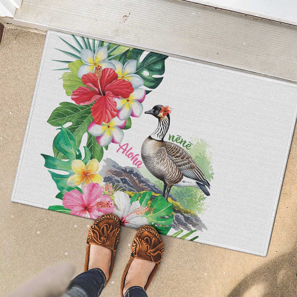 Aloha Hawaii Nene Goose Rubber Doormat Tropical Flowers Watercolor Stylized LT14 - Polynesian Pride