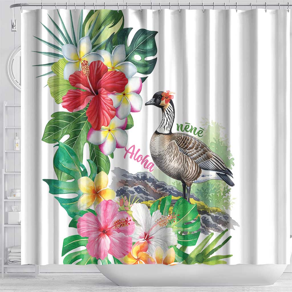 Aloha Hawaii Nene Goose Shower Curtain Tropical Flowers Watercolor Stylized - Polynesian Pride
