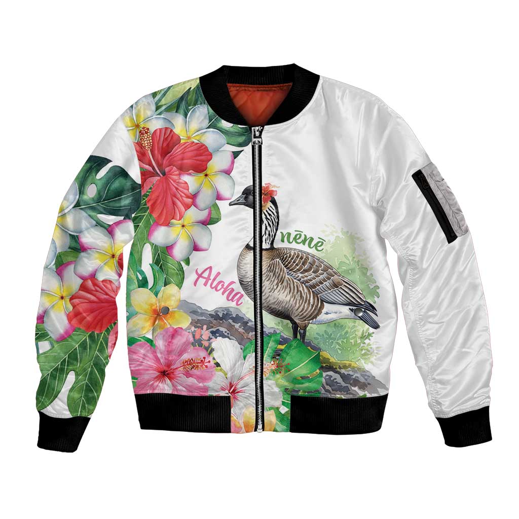 Aloha Hawaii Nene Goose Sleeve Zip Bomber Jacket Tropical Flowers Watercolor Stylized - Polynesian Pride