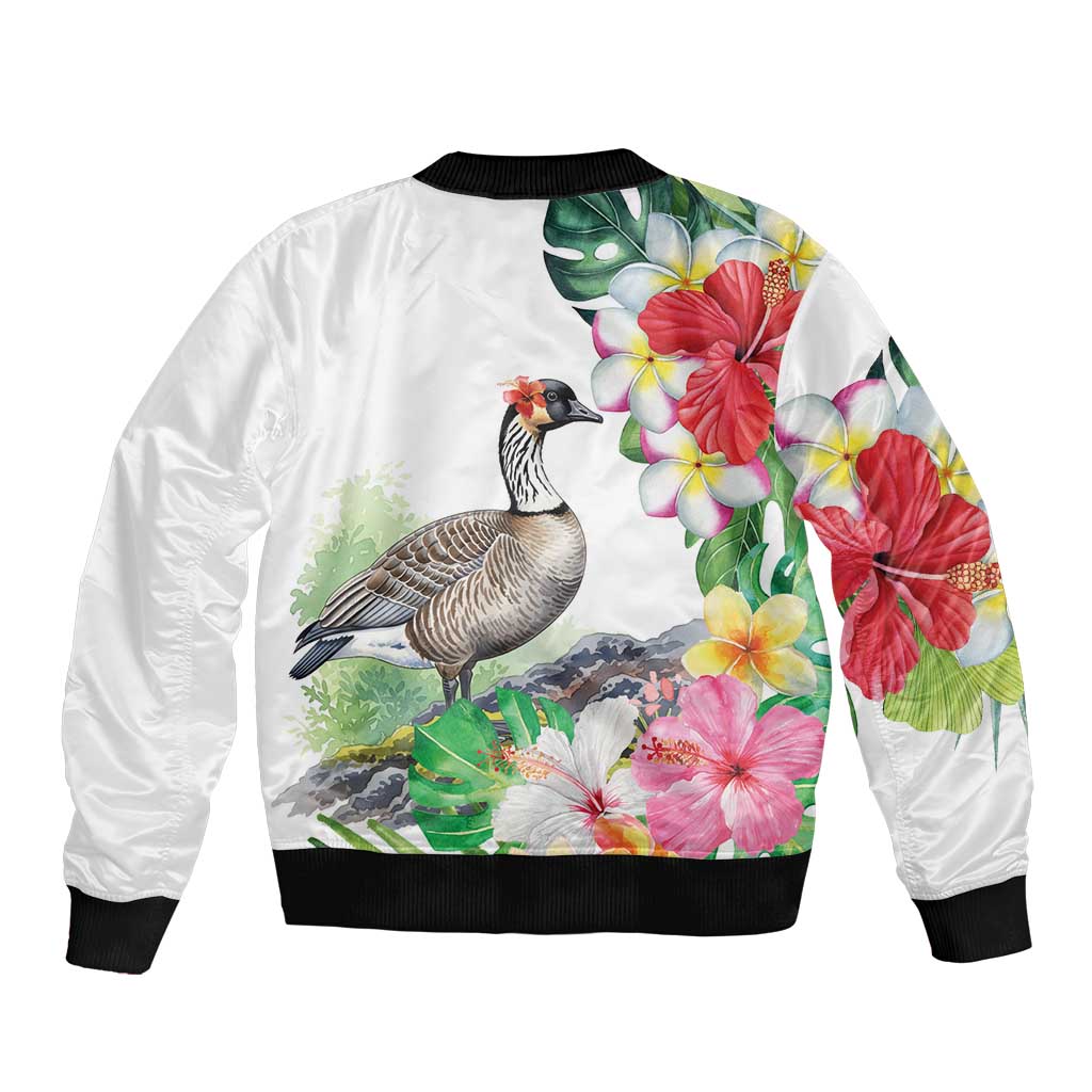 Aloha Hawaii Nene Goose Sleeve Zip Bomber Jacket Tropical Flowers Watercolor Stylized - Polynesian Pride