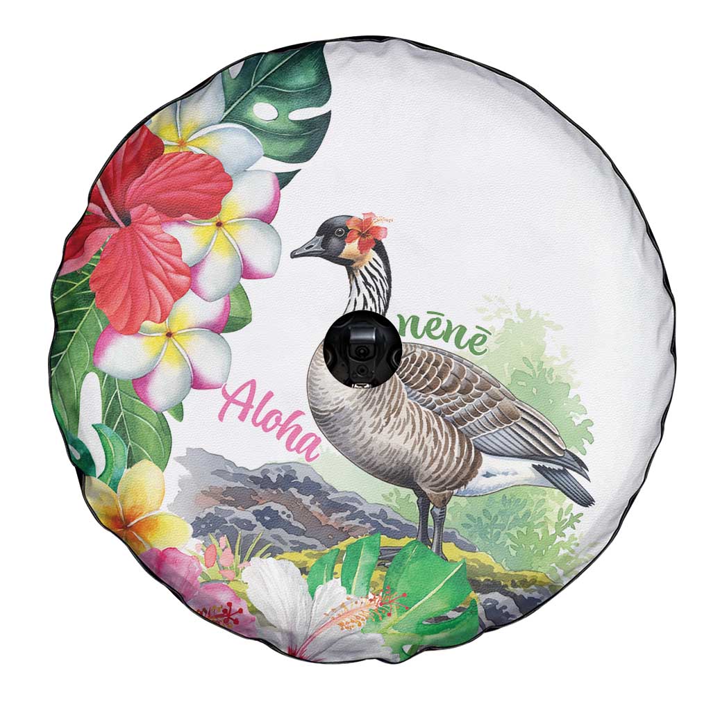 Aloha Hawaii Nene Goose Spare Tire Cover Tropical Flowers Watercolor Stylized - Polynesian Pride