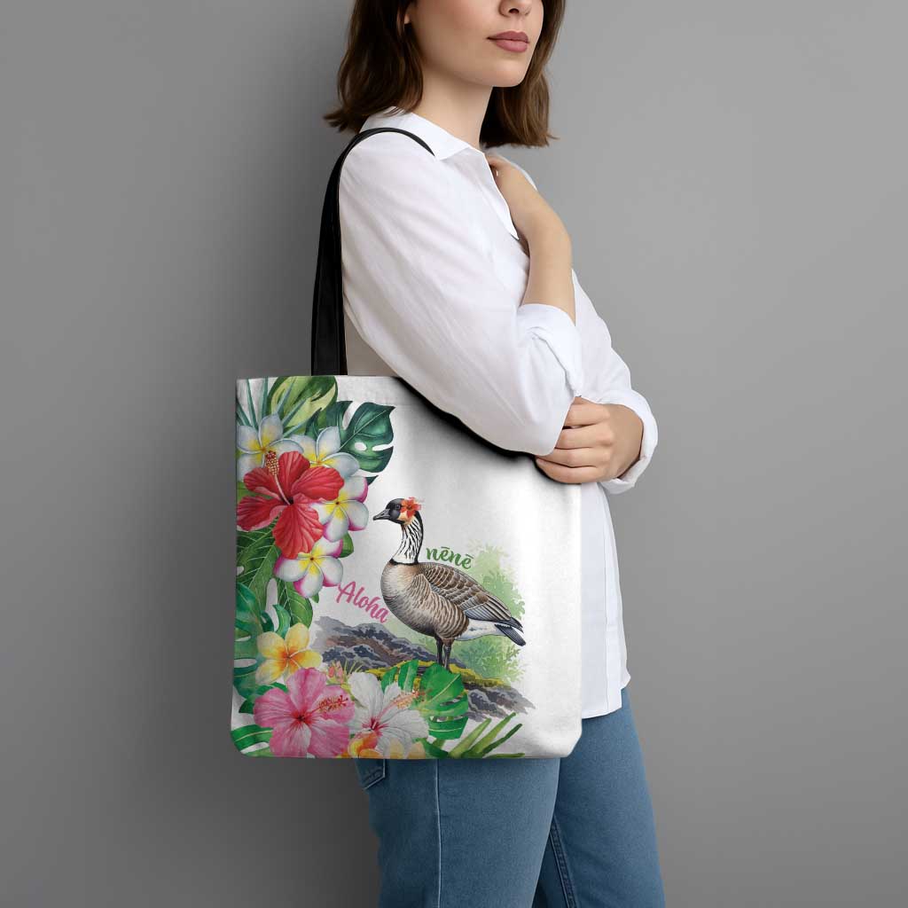Aloha Hawaii Nene Goose Tote Bag Tropical Flowers Watercolor Stylized - Polynesian Pride
