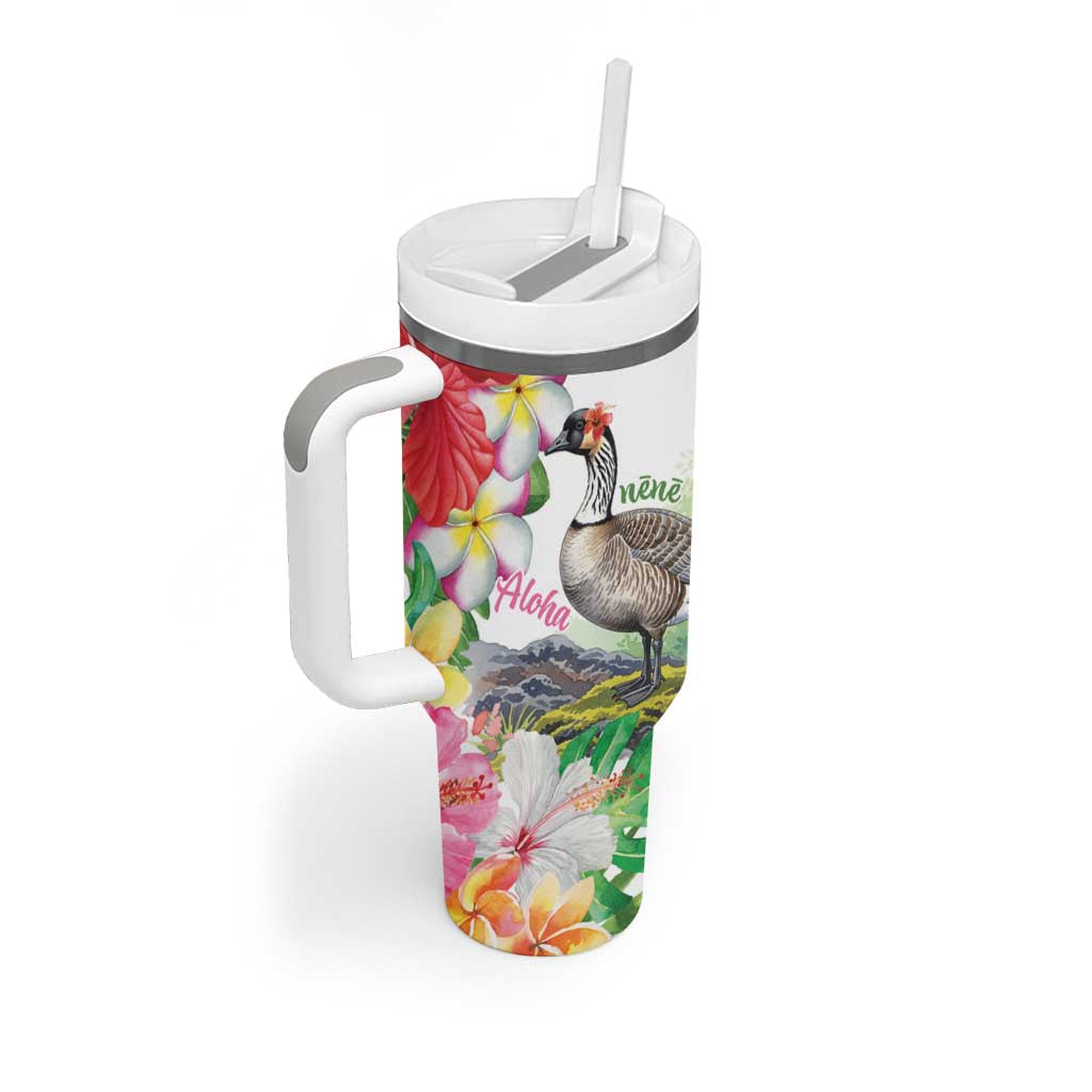 Aloha Hawaii Nene Goose Tumbler With Handle Tropical Flowers Watercolor Stylized - Polynesian Pride