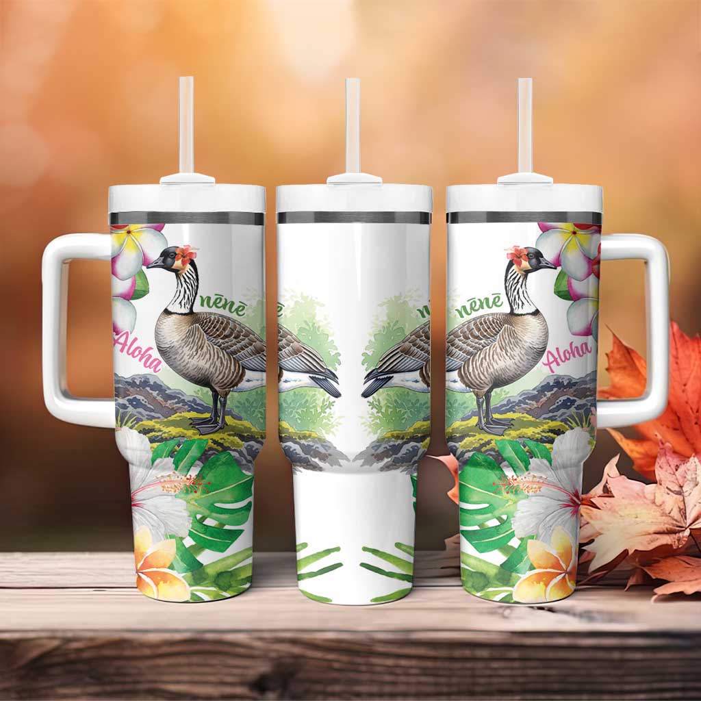 Aloha Hawaii Nene Goose Tumbler With Handle Tropical Flowers Watercolor Stylized - Polynesian Pride