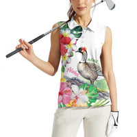 Aloha Hawaii Nene Goose Women Sleeveless Polo Shirt Tropical Flowers Watercolor Stylized - Polynesian Pride