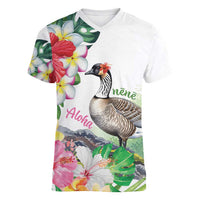 Aloha Hawaii Nene Goose Women V-Neck T-Shirt Tropical Flowers Watercolor Stylized - Polynesian Pride