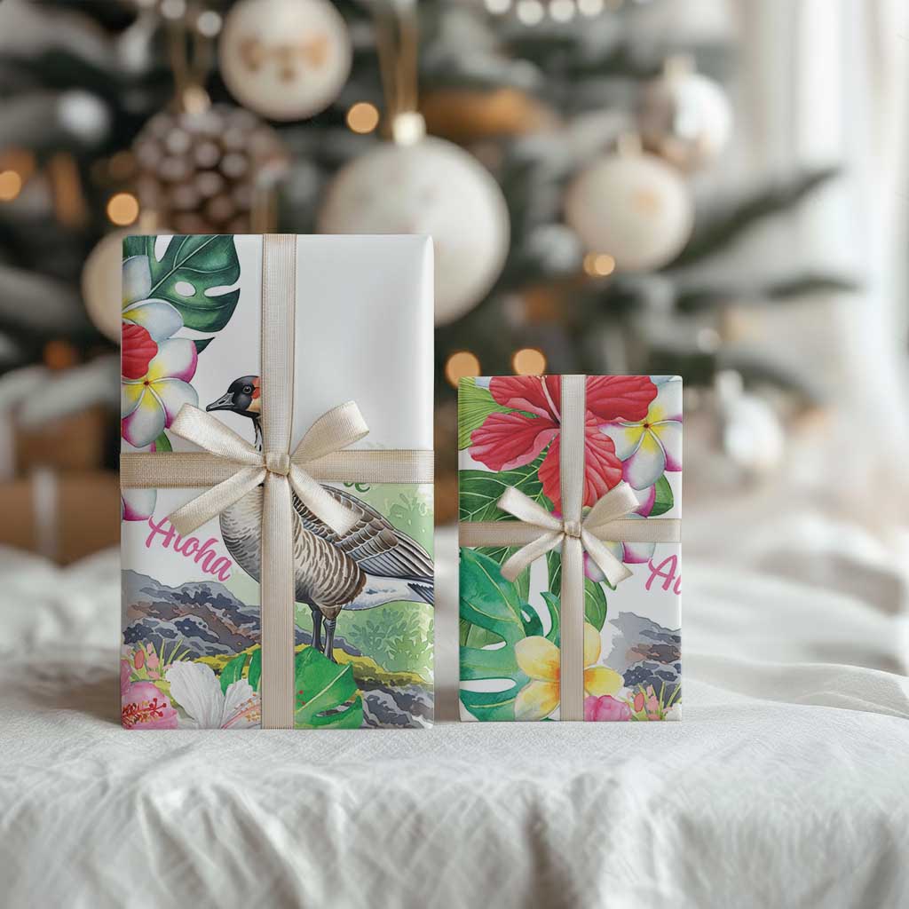 Aloha Hawaii Nene Goose Wrapping Paper Tropical Flowers Watercolor Stylized - Polynesian Pride